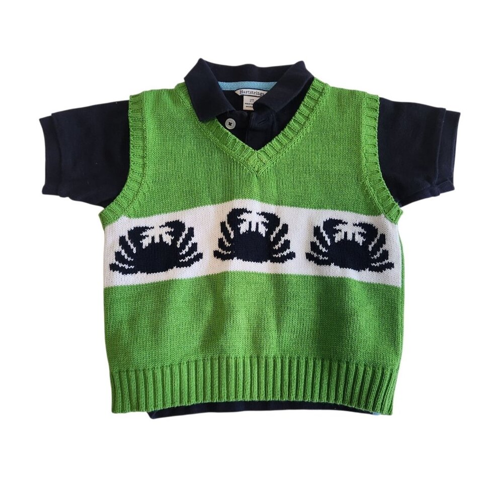 Heartstrings Baby Knit Sweater Short Sleeve Crab Nautical Theme Green Blue 2T‎